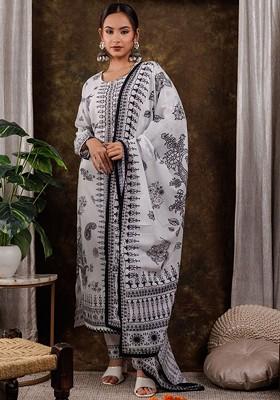 White Printed Cotton Kurta Set