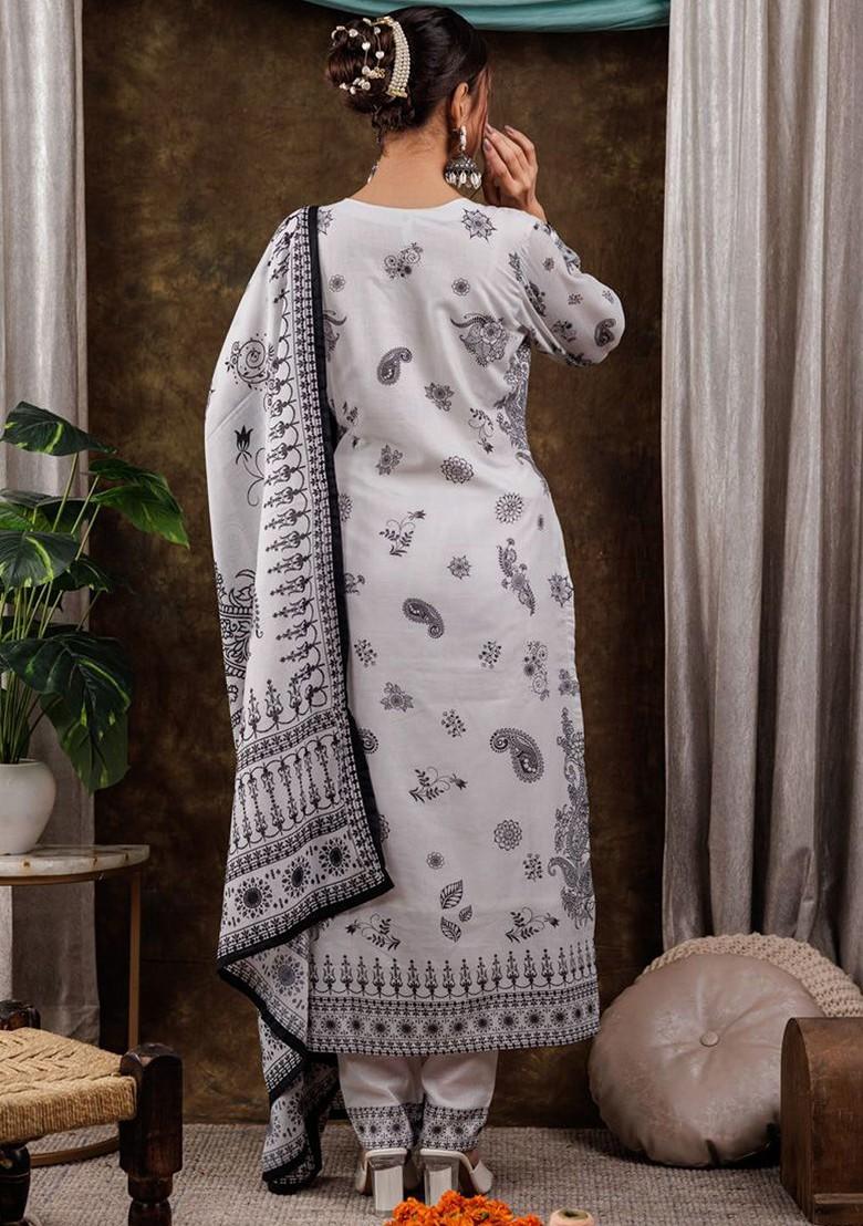 White Printed Cotton Kurta Set