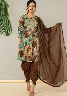 Brown Printed Cotton Kurta Set