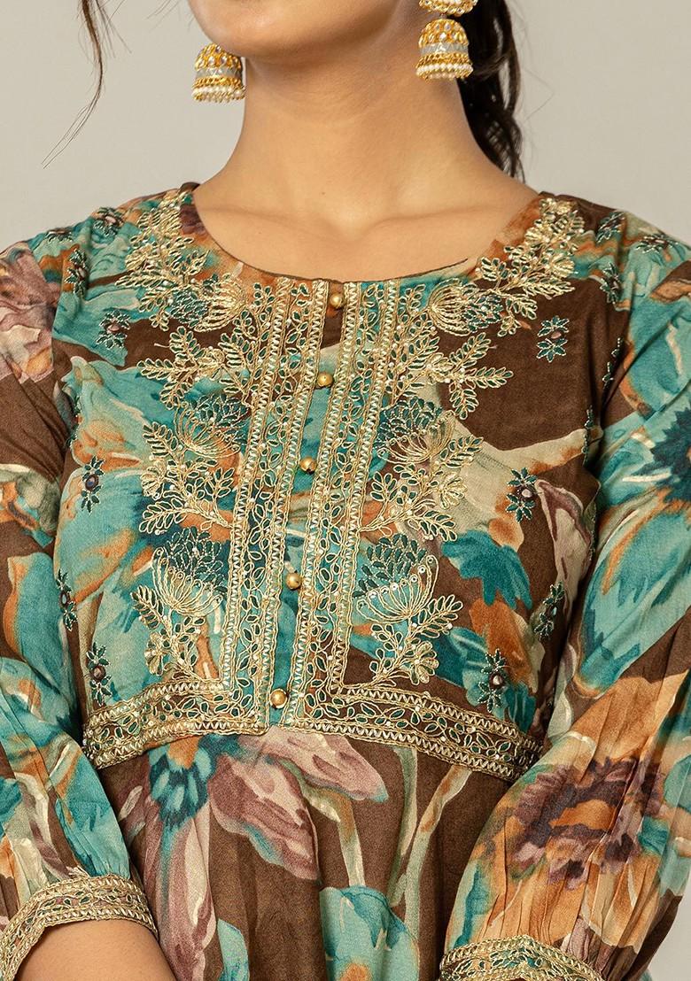 Brown Printed Cotton Kurta Set
