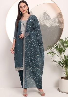 Green Embroidered Poly Blend Kurta Set