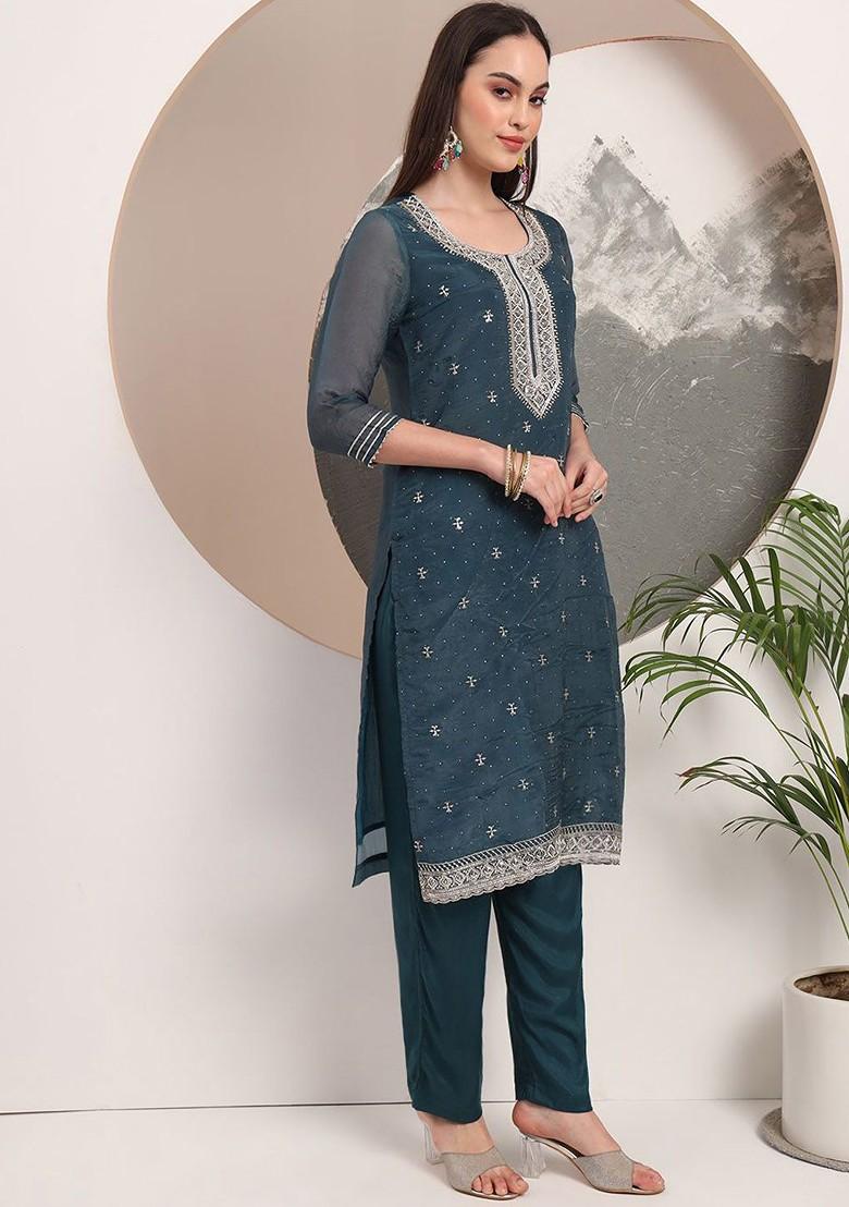 Green Embroidered Poly Blend Kurta Set