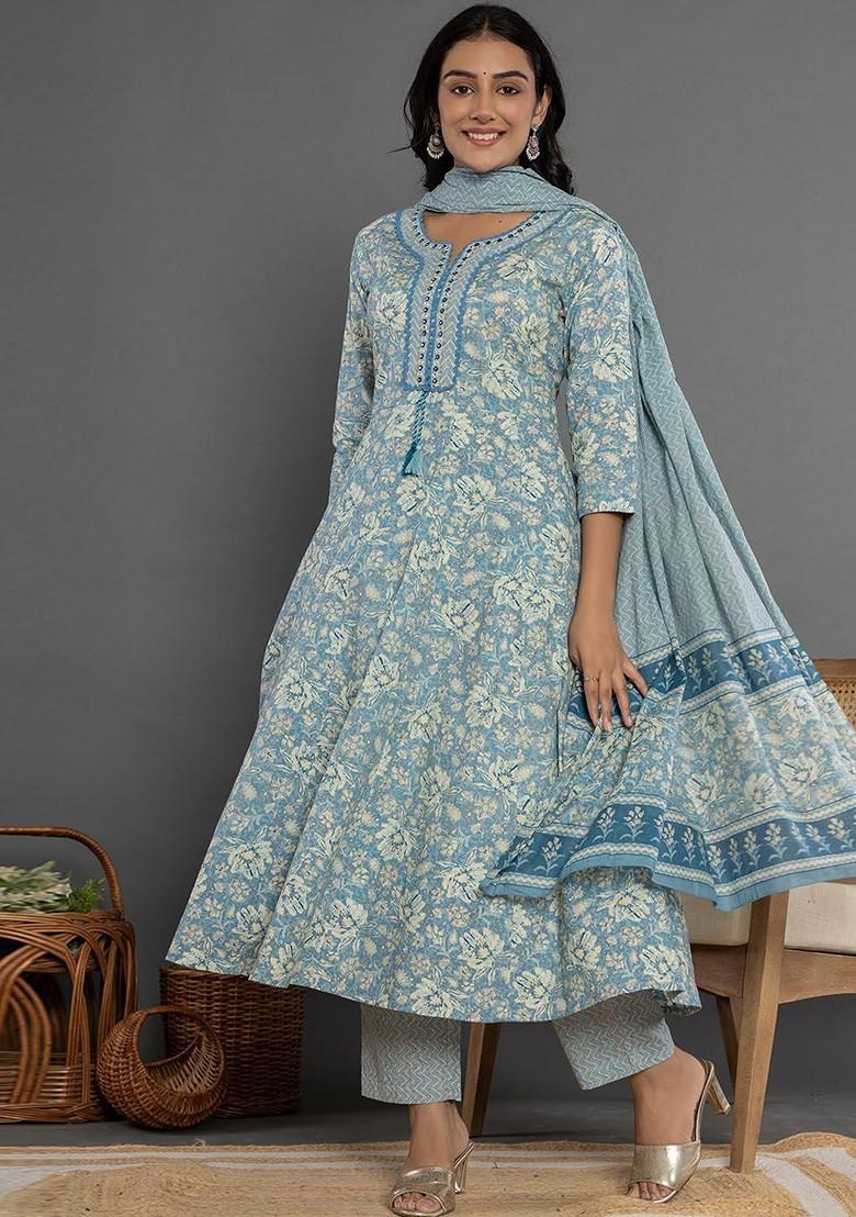 Blue Printed Cotton Kurta Set