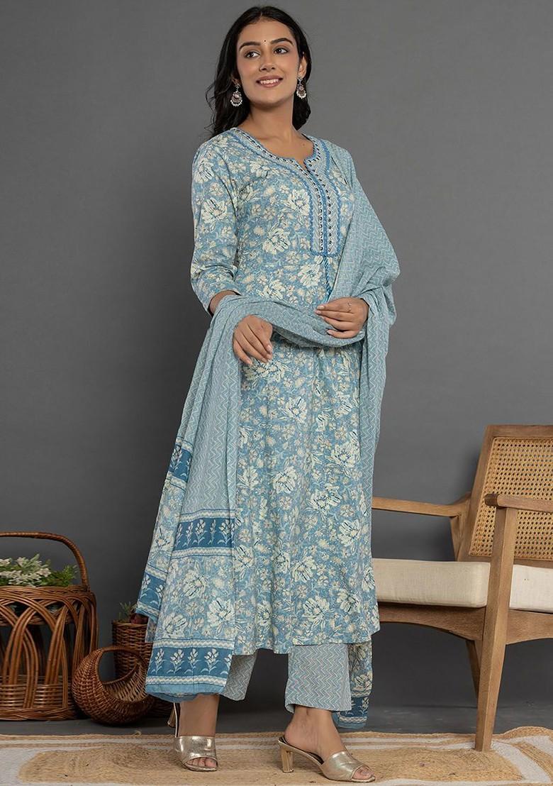 Blue Printed Cotton Kurta Set