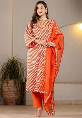 Orange Printed Cotton Kurta Set