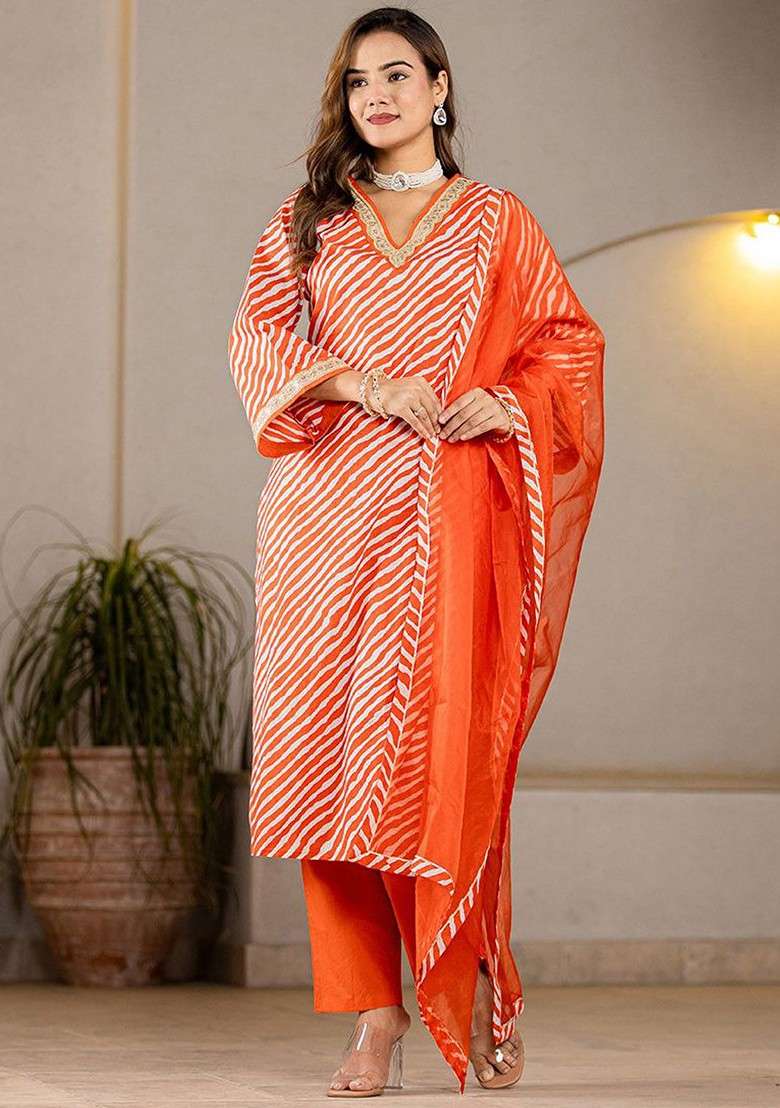 Orange Striped Cotton Straight Kurta Set - Indya