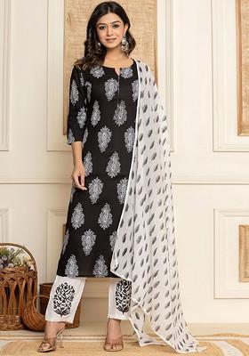 Black Printed Poly Blend Kurta Set