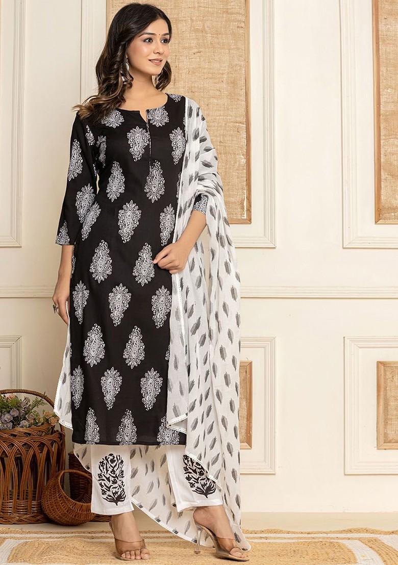 Black Printed Poly Blend Kurta Set