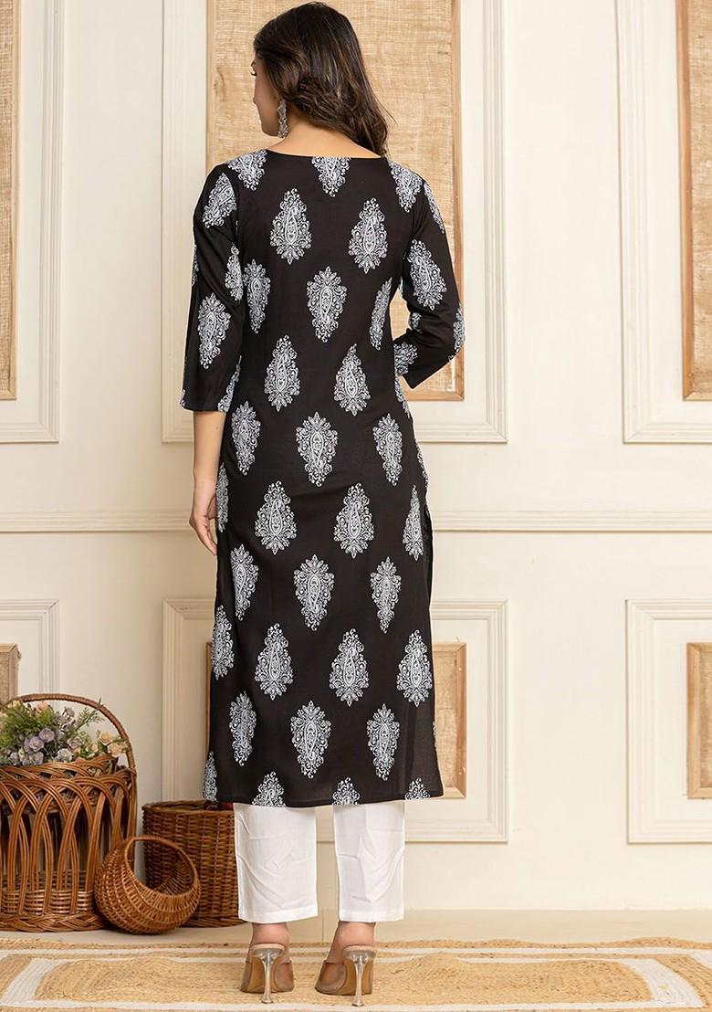 Black Printed Poly Blend Kurta Set