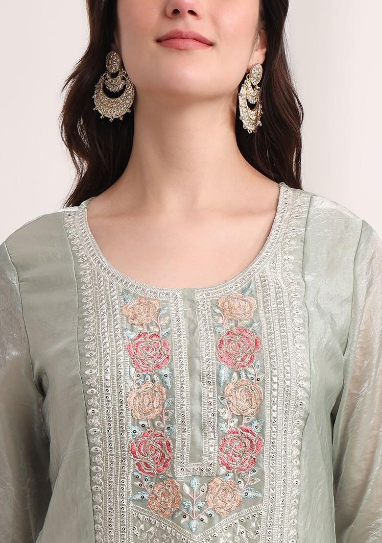 Green Embroidered Poly Blend Kurta Set