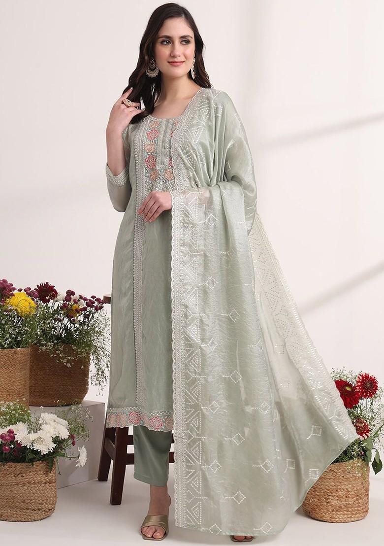 Green Embroidered Poly Blend Kurta Set