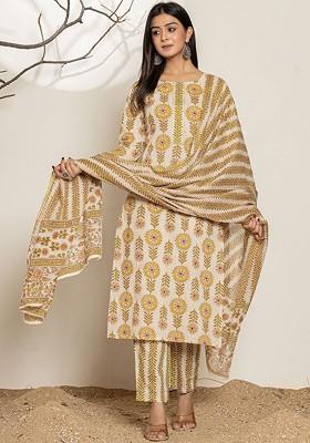 Yellow Printed Cotton Kurta Set