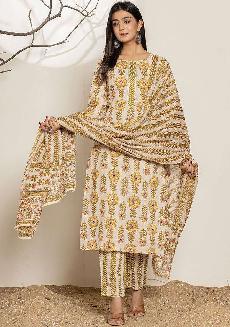 Yellow Floral Print Cotton Straight Kurta Set - Indya