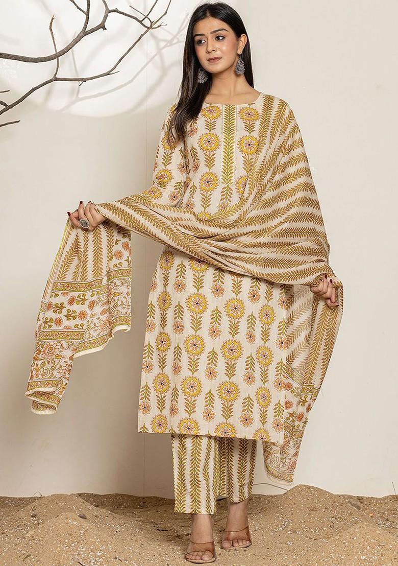 Yellow Printed Cotton Kurta Set