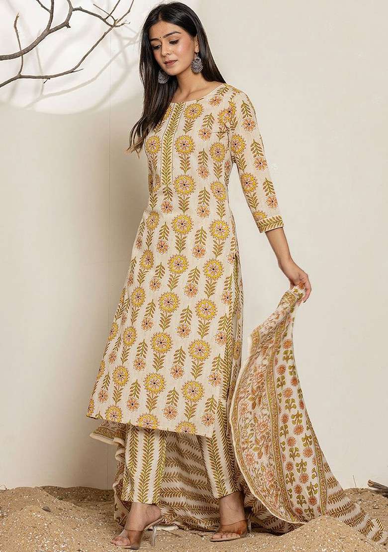 Yellow Floral Print Cotton Straight Kurta Set - Indya