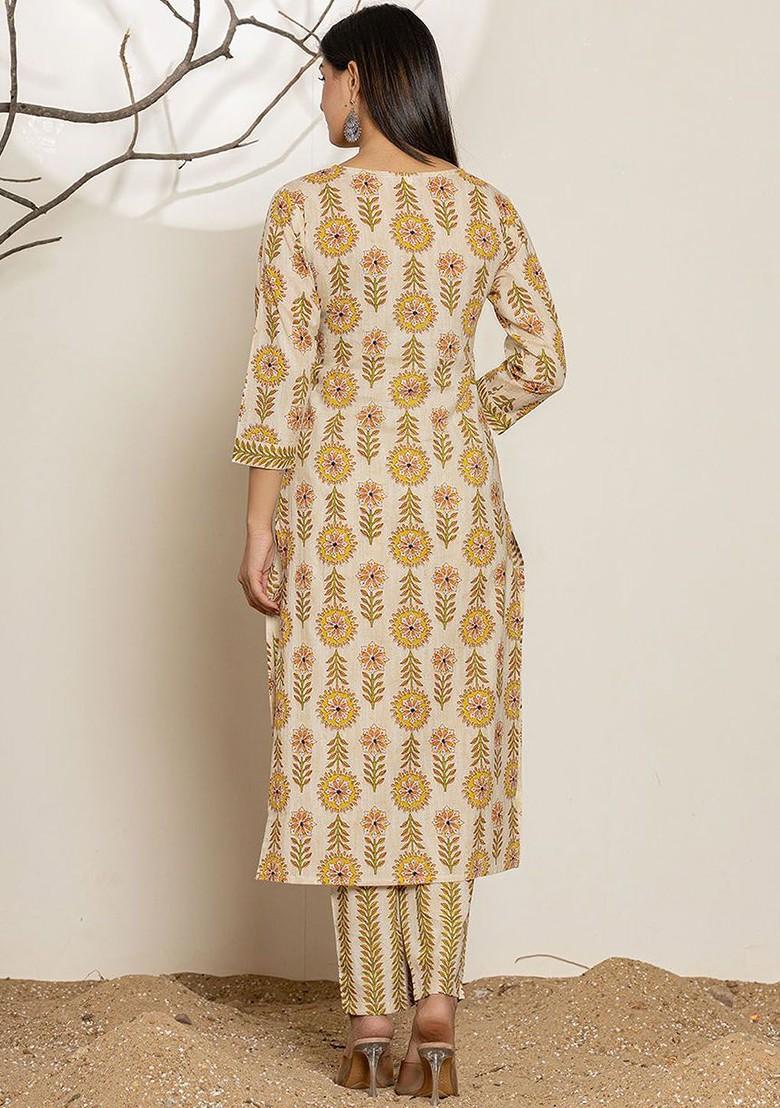 Yellow Printed Cotton Kurta Set