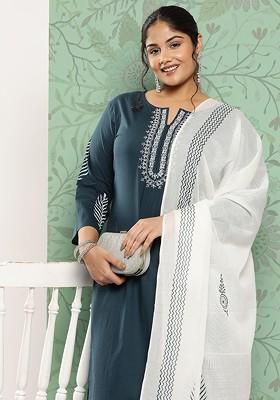 Blue Embroidered Cotton Kurta Set