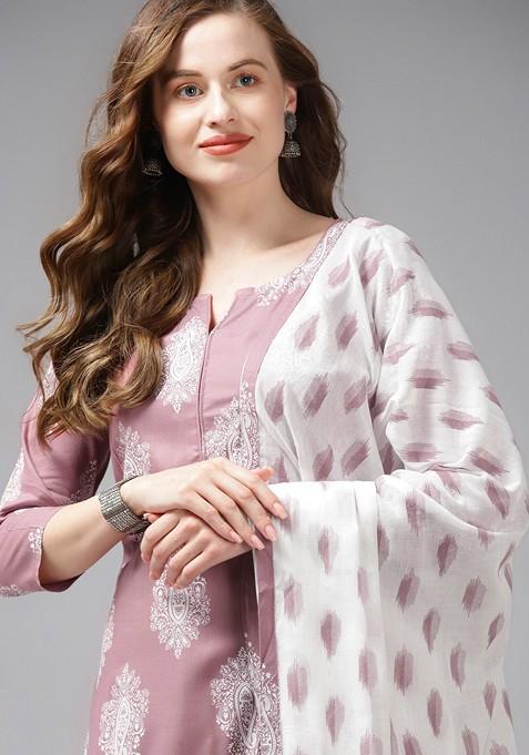 Purple Printed Poly Blend Kurta Set