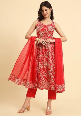 Red Printed Cotton Kurta Set