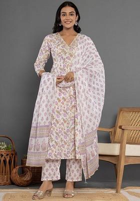 White Printed Cotton Kurta Set
