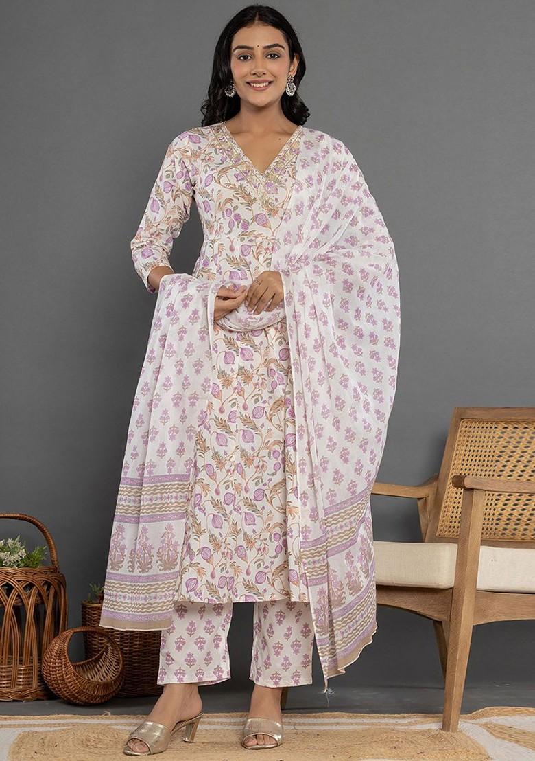 White Printed Cotton Kurta Set