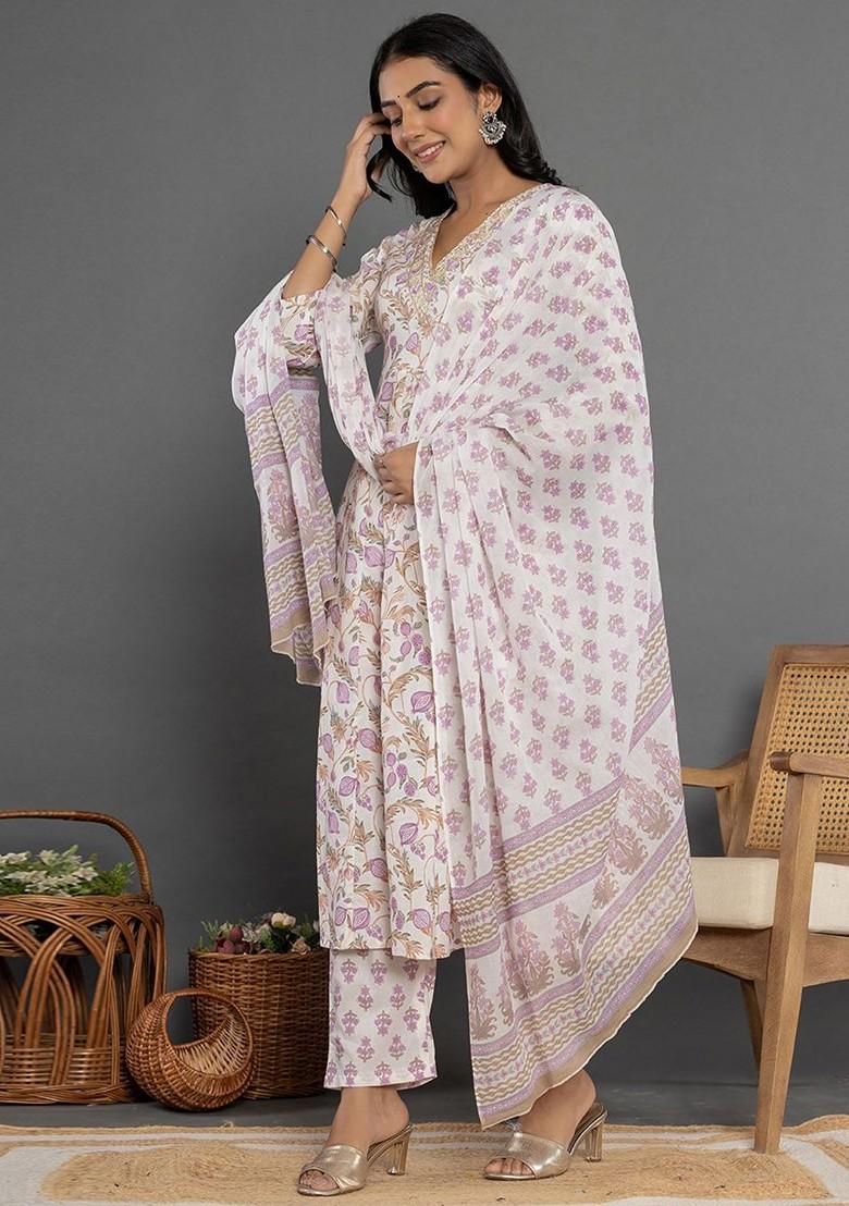 White Printed Cotton Kurta Set