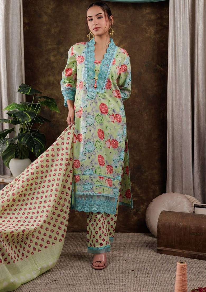 Green Embroidered Cotton Punjabi Suit - Indya