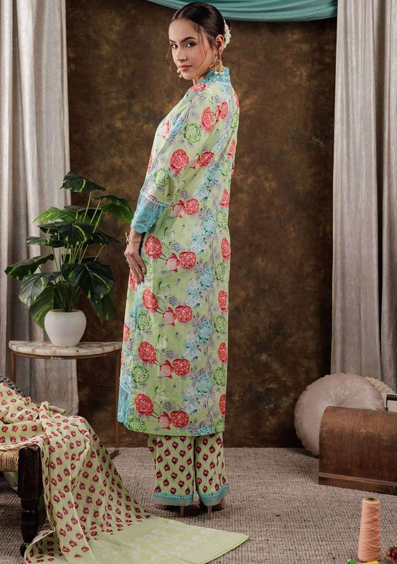 Green Embroidered Cotton Punjabi Suit - Indya