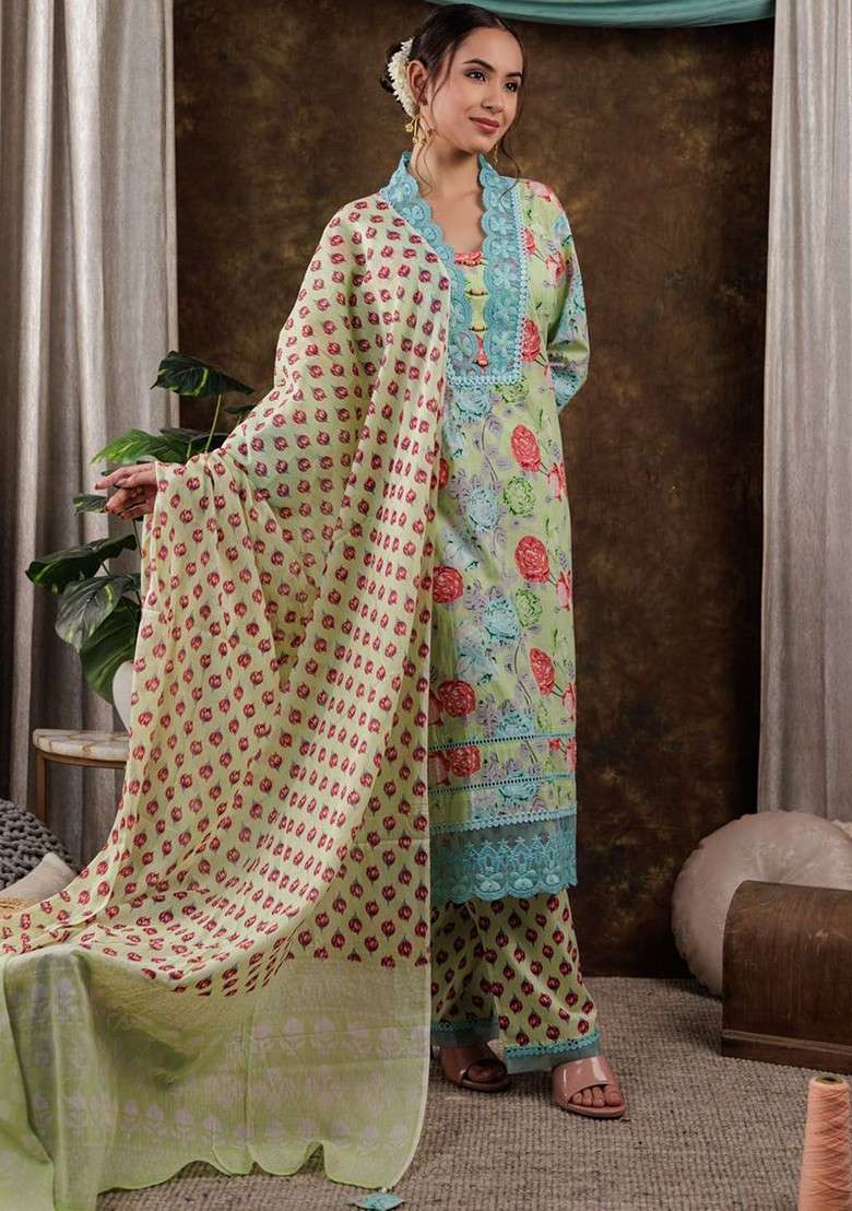 Green Embroidered Cotton Punjabi Suit - Indya