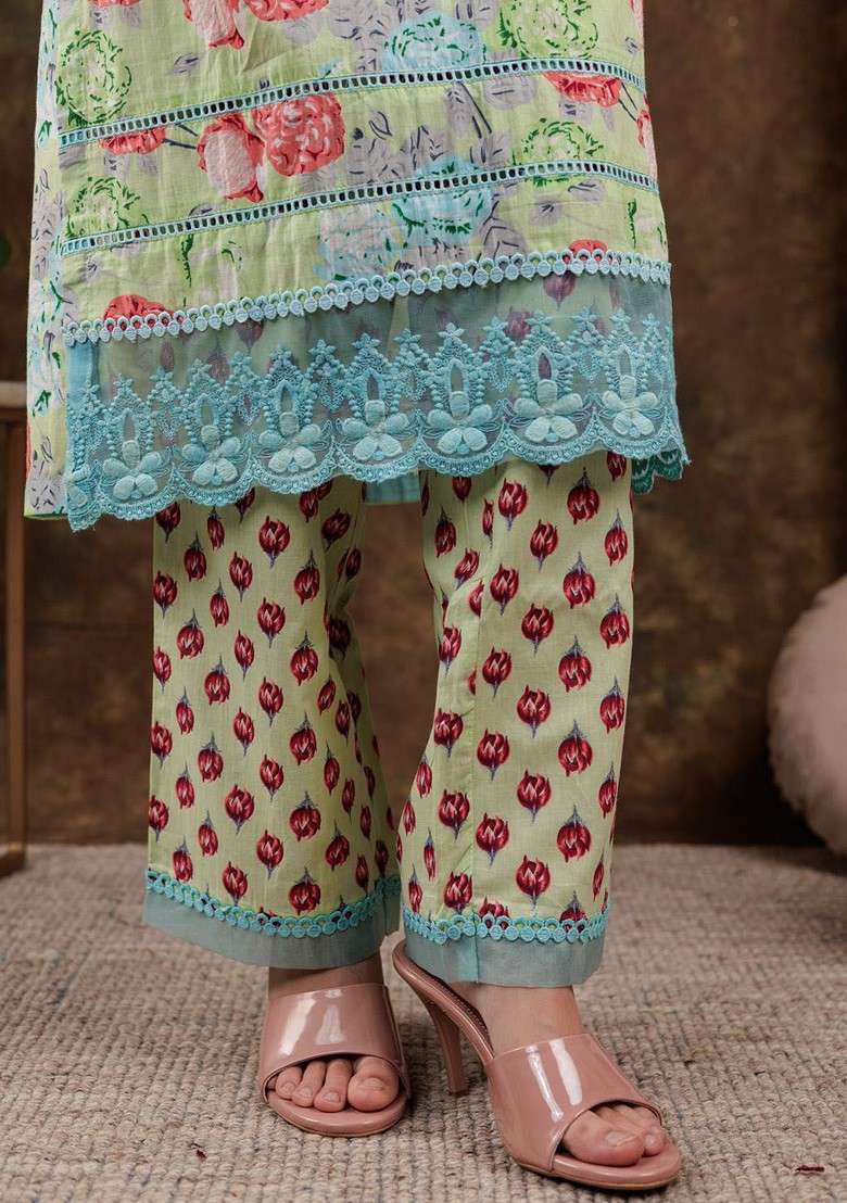 Green Embroidered Cotton Punjabi Suit - Indya