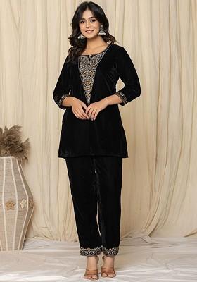 Black Embroidered Poly Blend Co-Ord Set