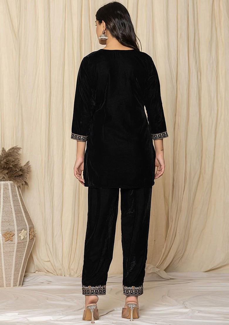 Black Embroidered Poly Blend Co-Ord Set