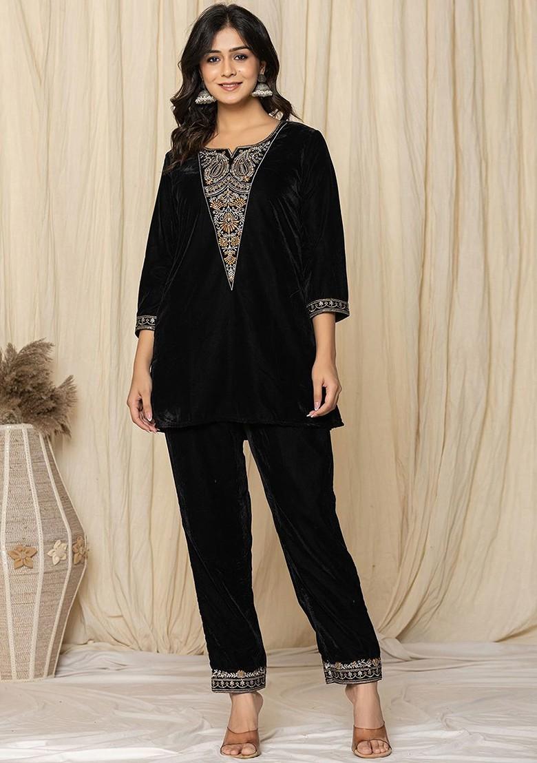Black Embroidered Poly Blend Co-Ord Set