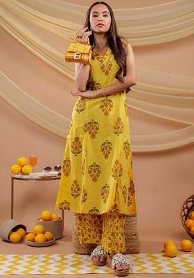 Yellow Printed Cotton Kurta Set