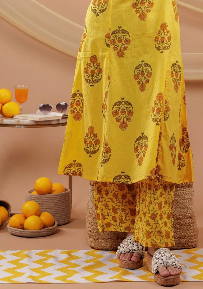 Yellow Printed Cotton Kurta Set