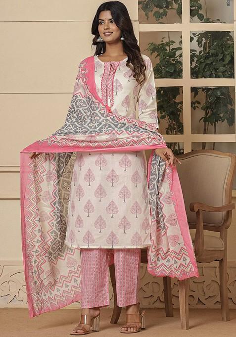 Pink Embroidered Cotton Kurta Set