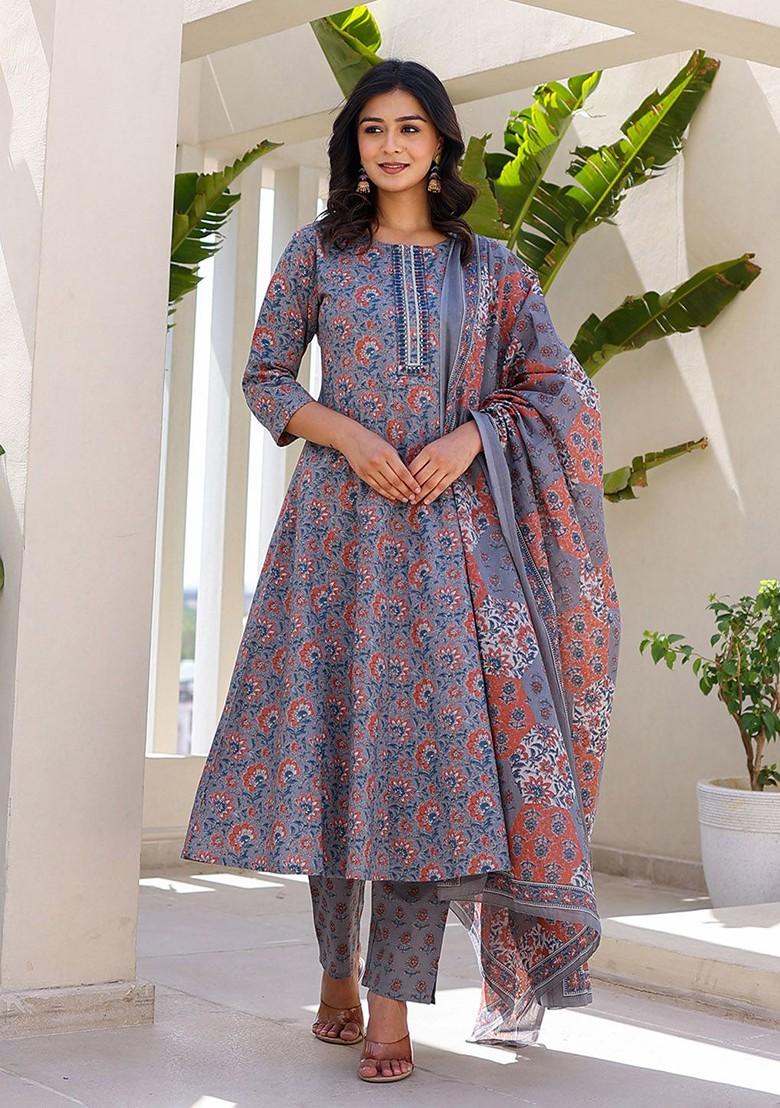 Grey Printed Cotton Kurta Set