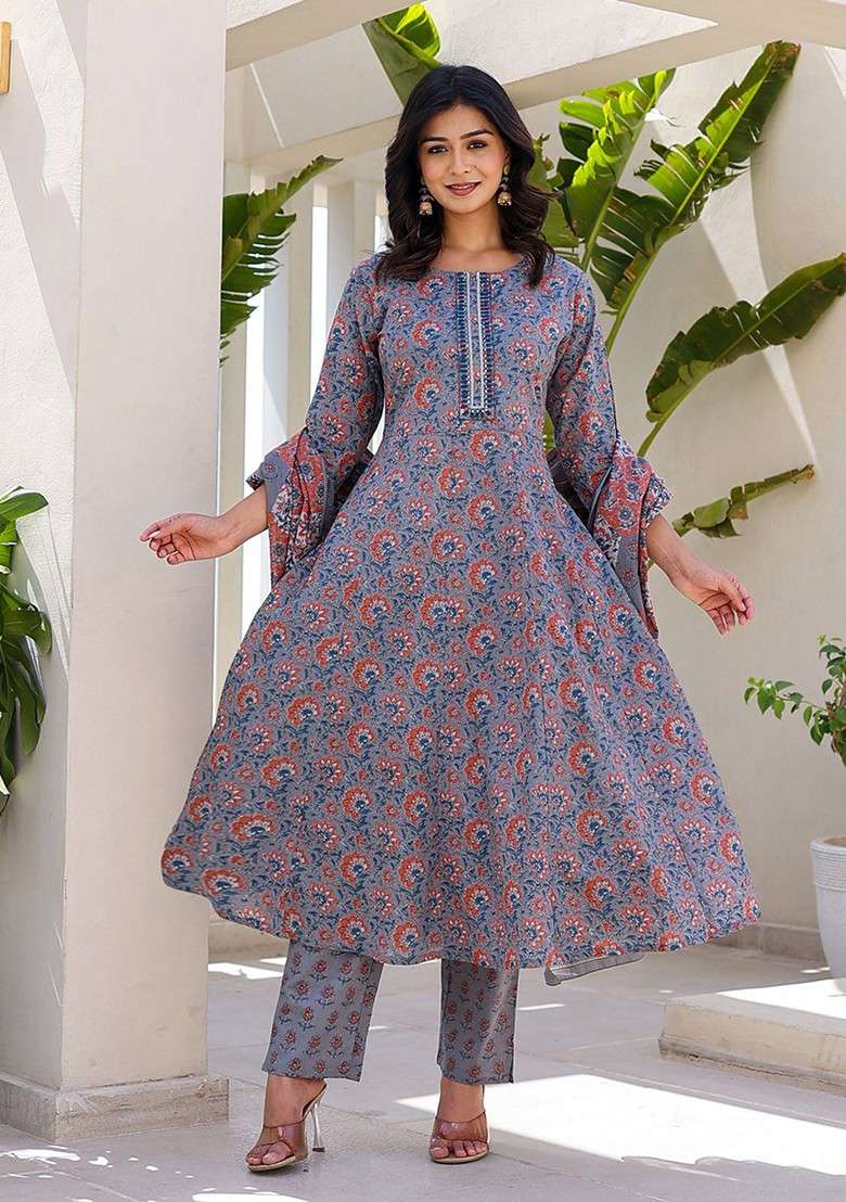 Grey Printed Cotton Kurta Set - Indya