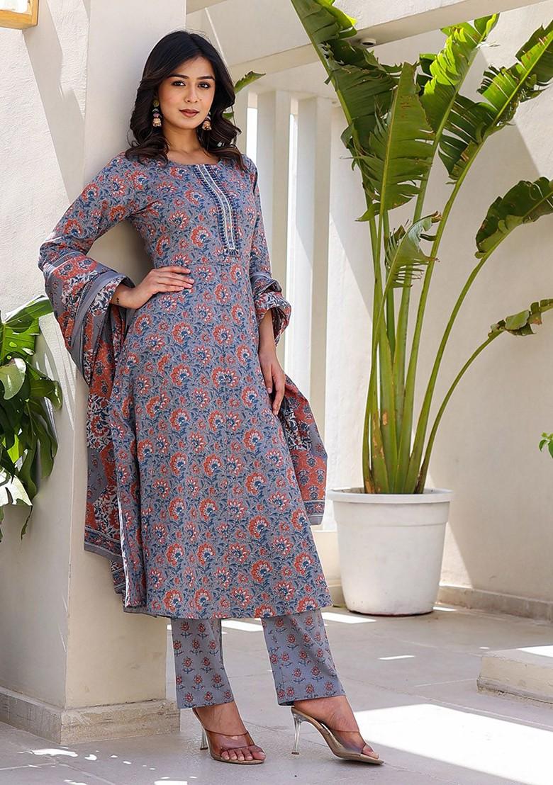 Grey Printed Cotton Kurta Set