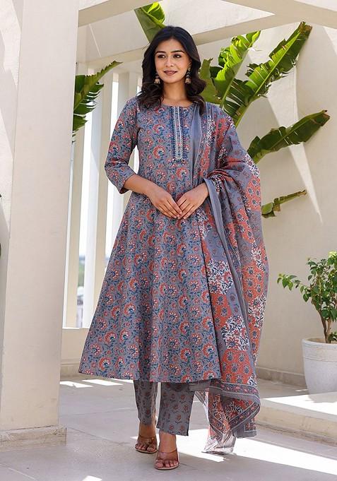 Grey Printed Cotton Kurta Set