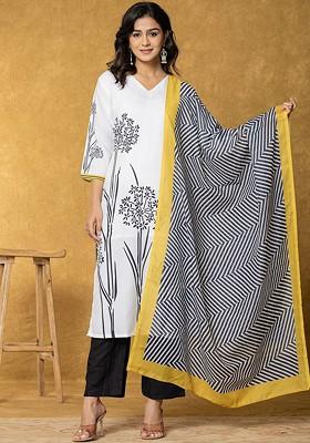 White Printed Linen Kurta Set