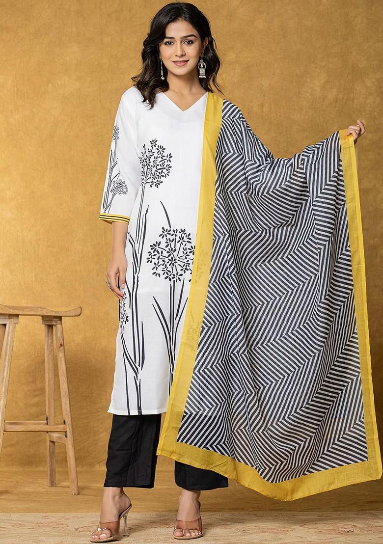 White Printed Linen Kurta Set