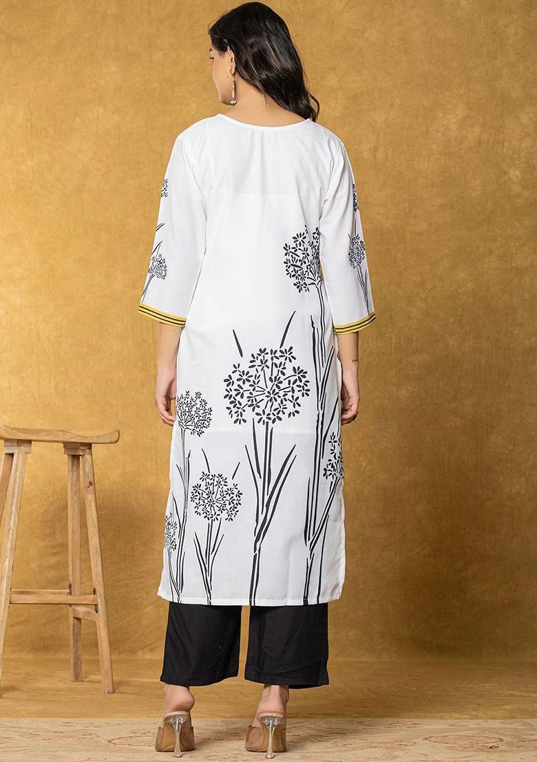 White Printed Linen Kurta Set