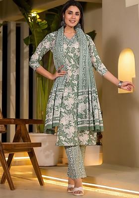 Green Printed Cotton A Line Kurta Set