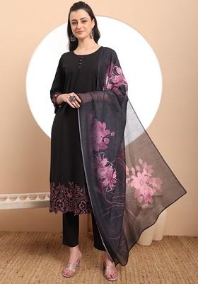 Black Embroidered Cotton Kurta Set