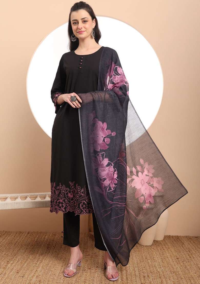 Black Embroidered Cotton Straight Kurta Set - Indya