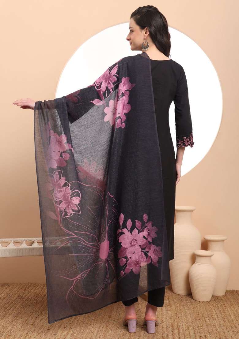 Black Embroidered Cotton Straight Kurta Set - Indya