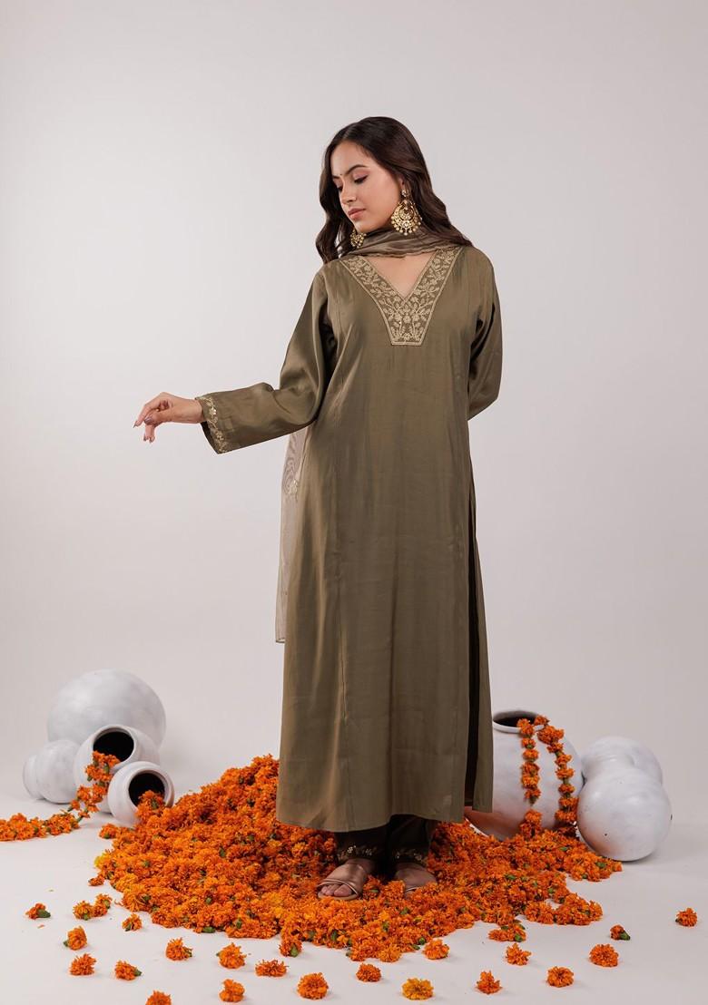 Olive Green Poly Blend Kurta Set