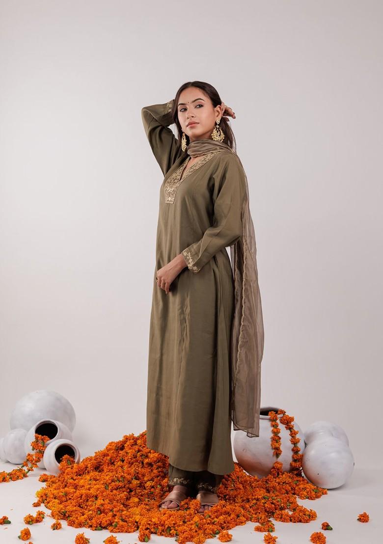Olive Green Poly Blend Kurta Set