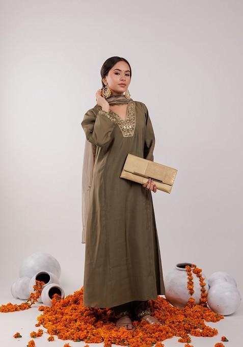 Olive Green Poly Blend Kurta Set